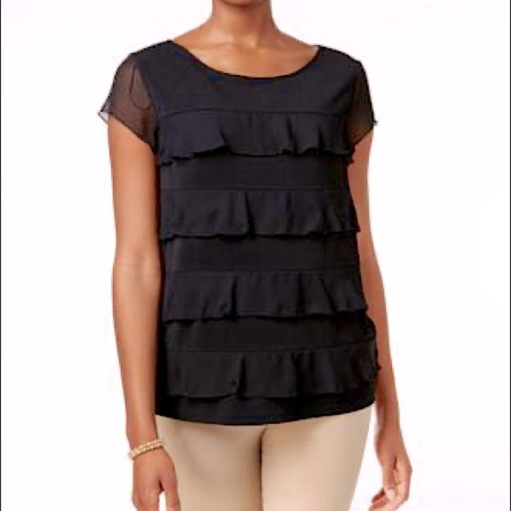 NWT Charter Club Black Tiered Sheer Sleeve Top M
